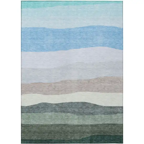 Green Blue And Gray Striped Washable Indoor Outdoor Area Rug Photo 1