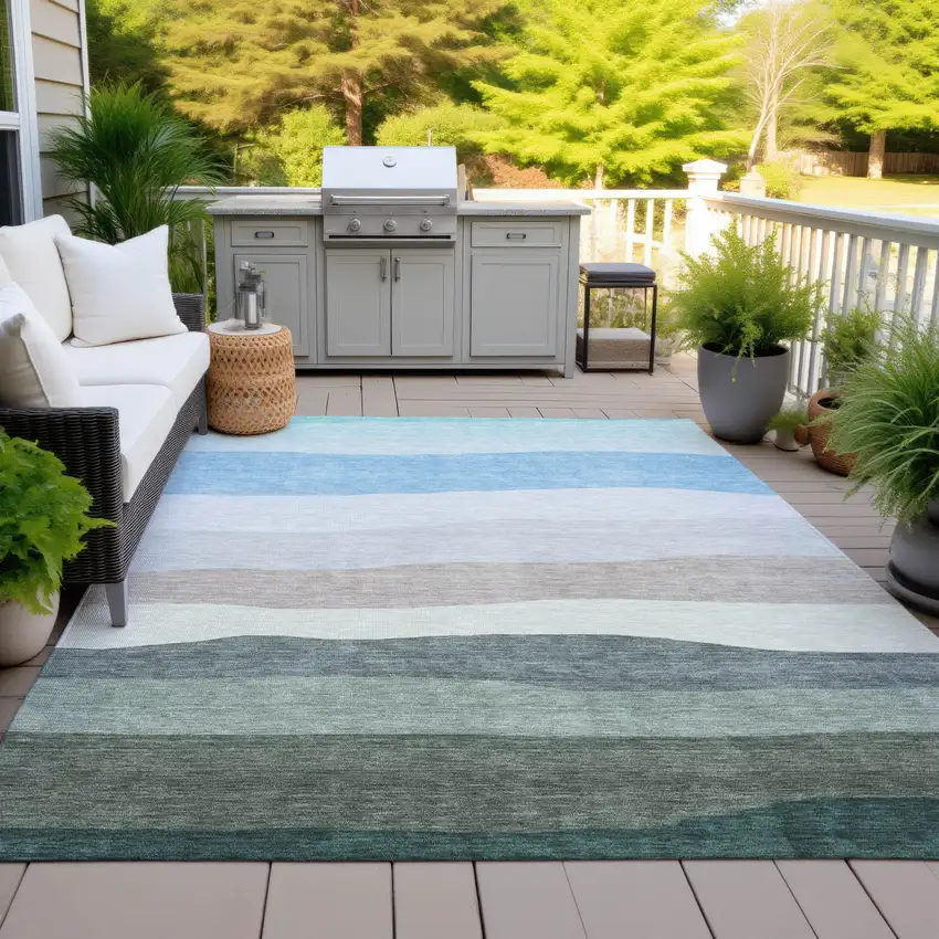Green Blue And Gray Striped Washable Indoor Outdoor Area Rug Photo 5