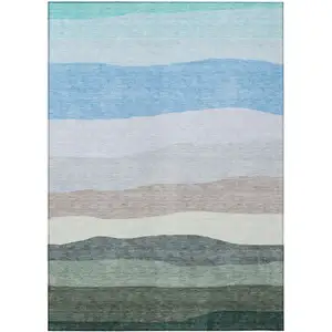 Photo of Green Blue And Gray Striped Washable Indoor Outdoor Area Rug