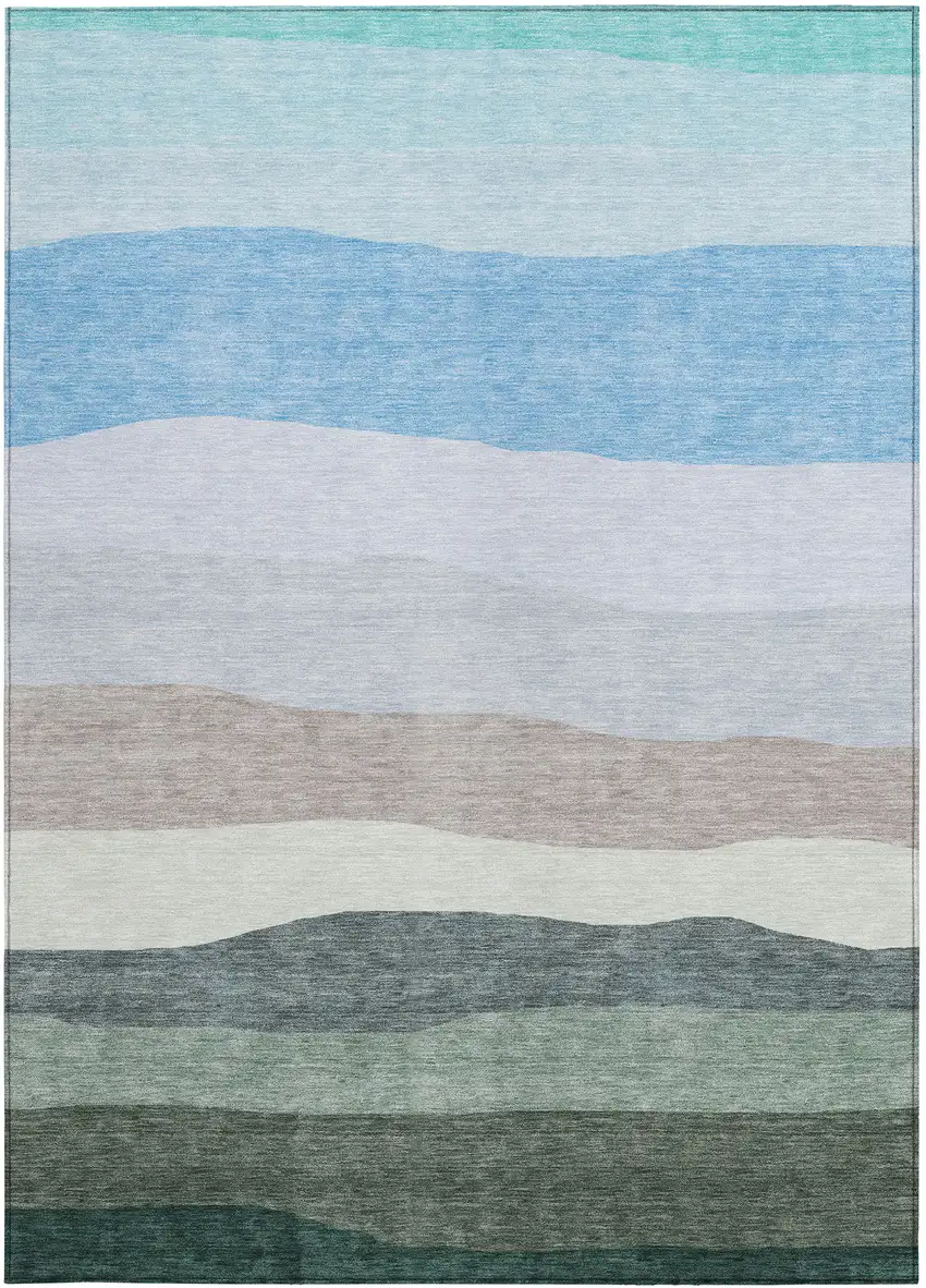 Green Blue And Gray Striped Washable Indoor Outdoor Area Rug Photo 4