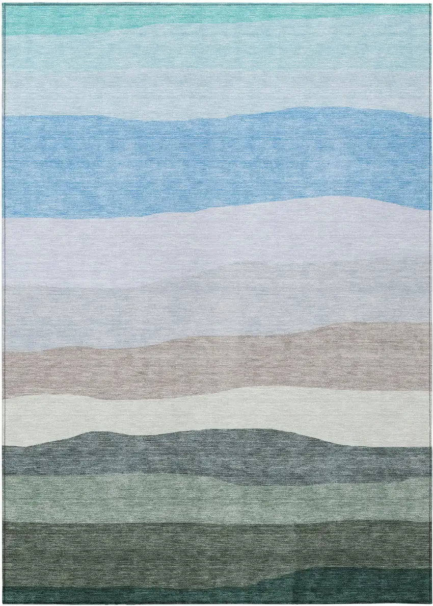 Green Blue And Gray Striped Washable Indoor Outdoor Area Rug Photo 1