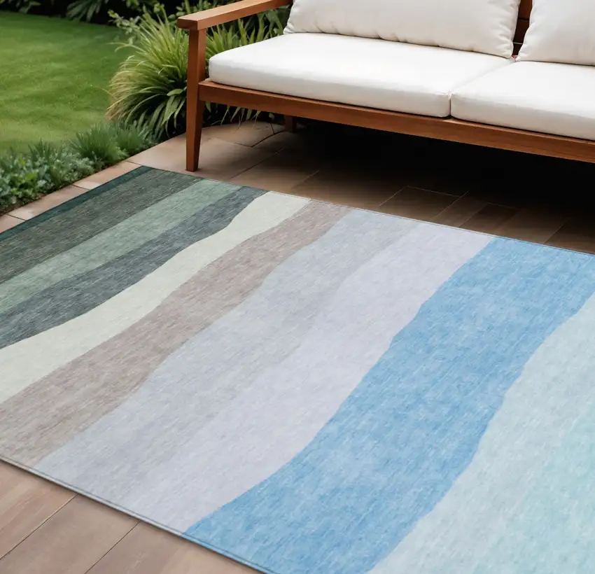 Green Blue And Gray Striped Washable Indoor Outdoor Area Rug Photo 2