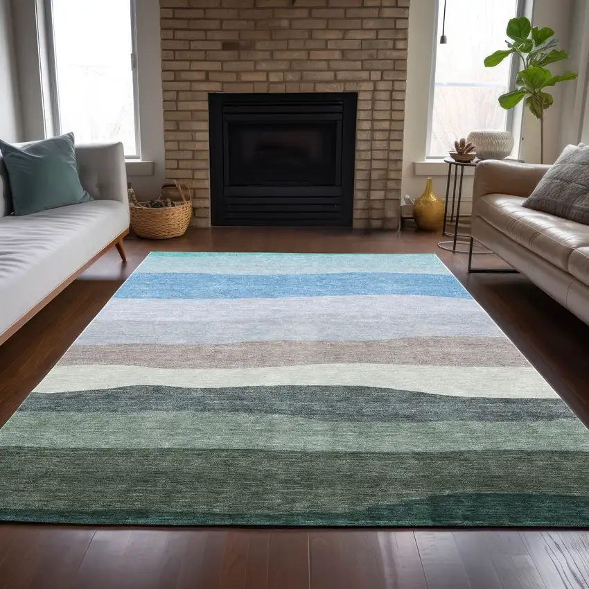 Green Blue And Gray Striped Washable Indoor Outdoor Area Rug Photo 7
