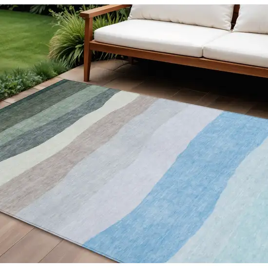 Green Blue And Gray Striped Washable Indoor Outdoor Area Rug Photo 2