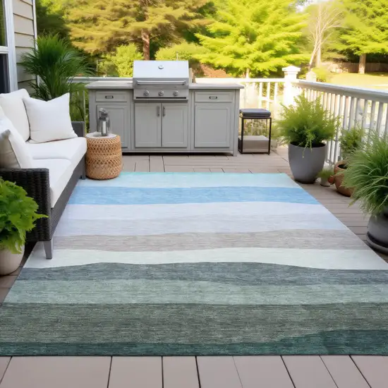 Green Blue And Gray Striped Washable Indoor Outdoor Area Rug Photo 5