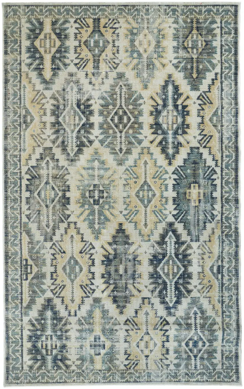 Green Blue And Ivory Abstract Power Loom Distressed Stain Resistant Area Rug Photo 1