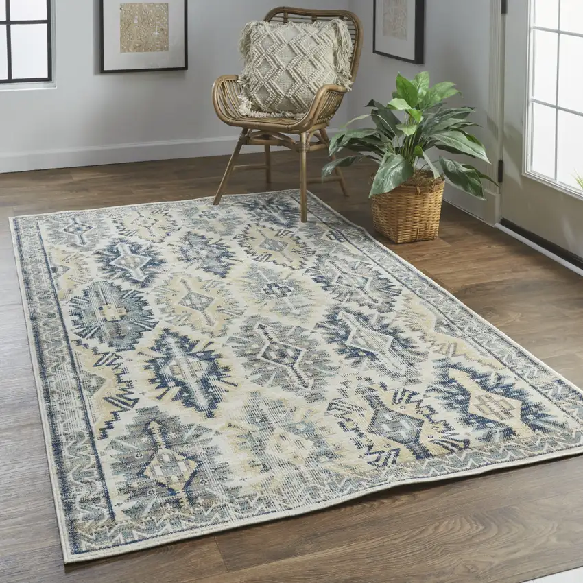Green Blue And Ivory Abstract Power Loom Distressed Stain Resistant Area Rug Photo 7