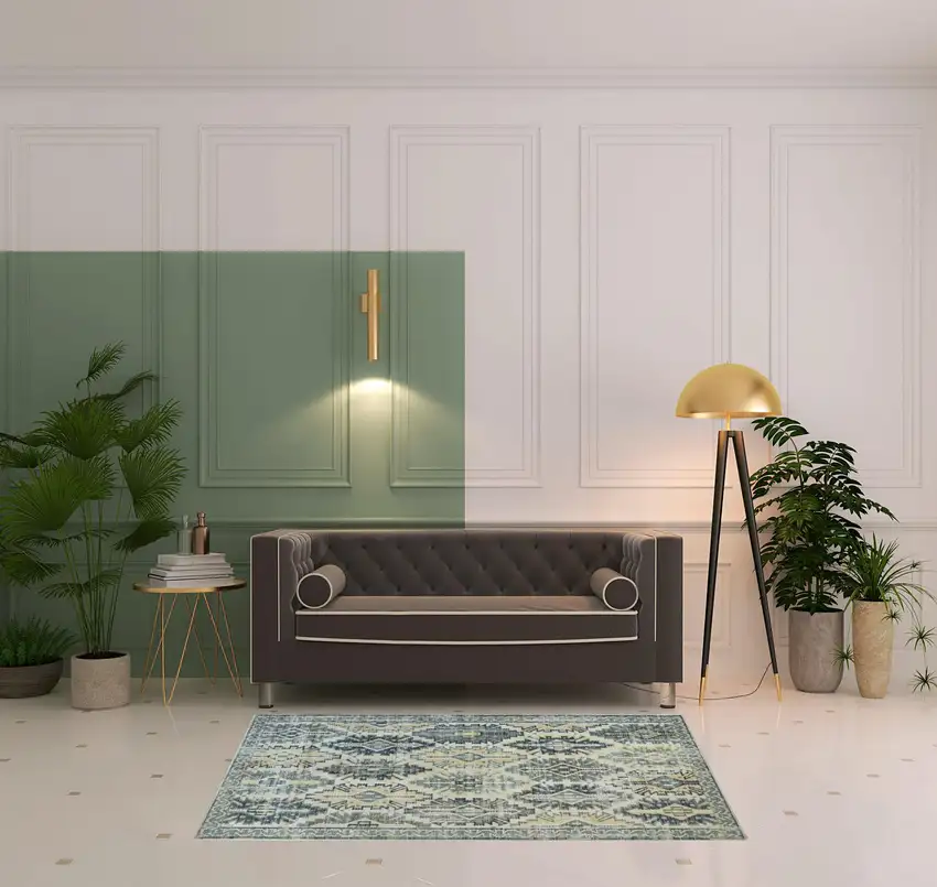 Green Blue And Ivory Abstract Power Loom Distressed Stain Resistant Area Rug Photo 2