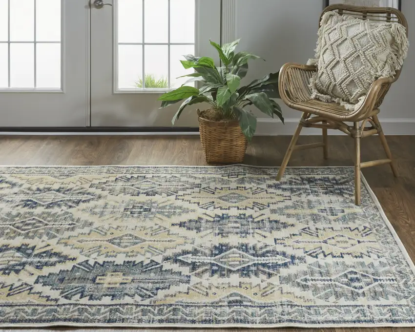 Green Blue And Ivory Abstract Power Loom Distressed Stain Resistant Area Rug Photo 9