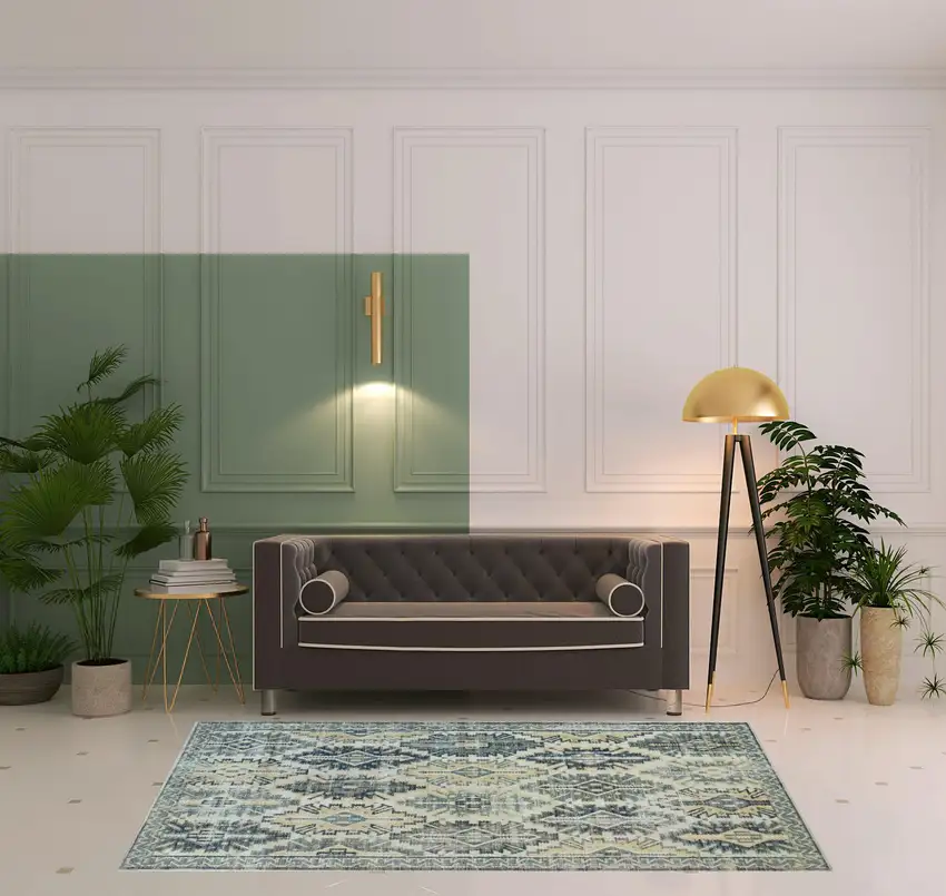 Green Blue And Ivory Abstract Power Loom Distressed Stain Resistant Area Rug Photo 2