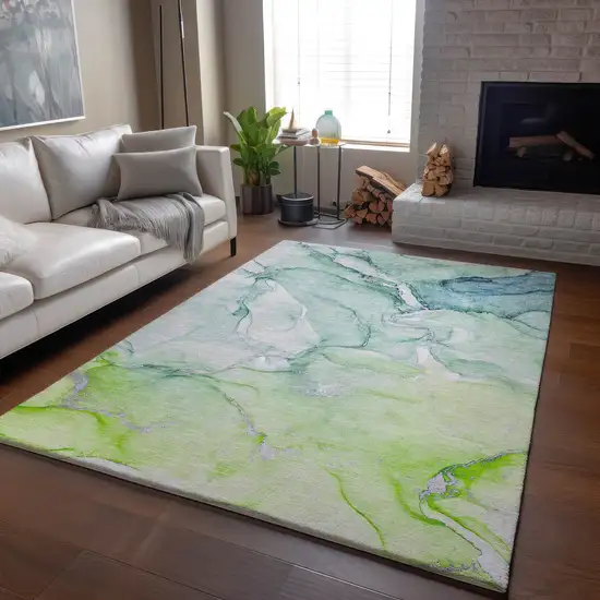 Green Blue And Ivory Abstract Washable Area Rug With UV Protection Photo 6