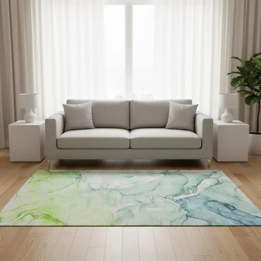 Green Blue And Ivory Abstract Washable Area Rug With UV Protection Photo 3