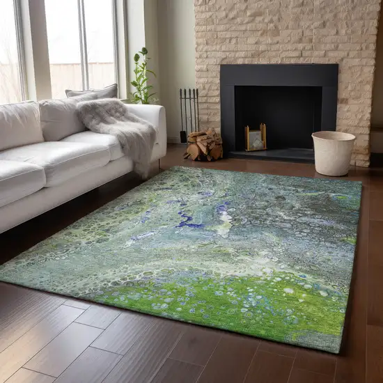 Green Blue And Ivory Abstract Washable Area Rug With UV Protection Photo 5