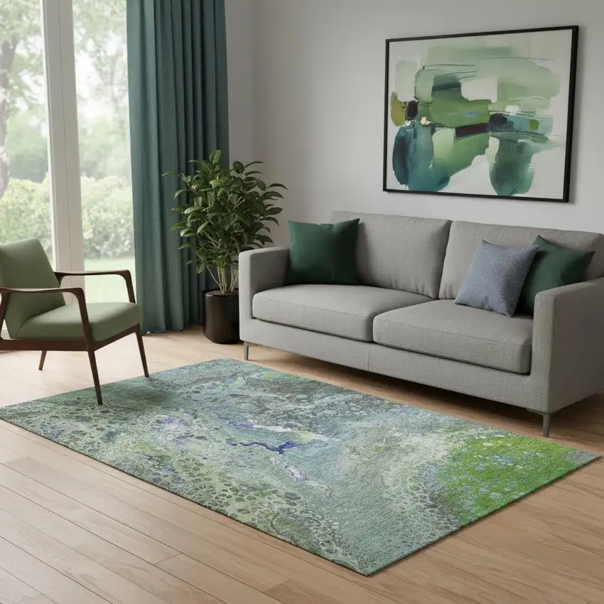 Green Blue And Ivory Abstract Washable Area Rug With UV Protection Photo 1