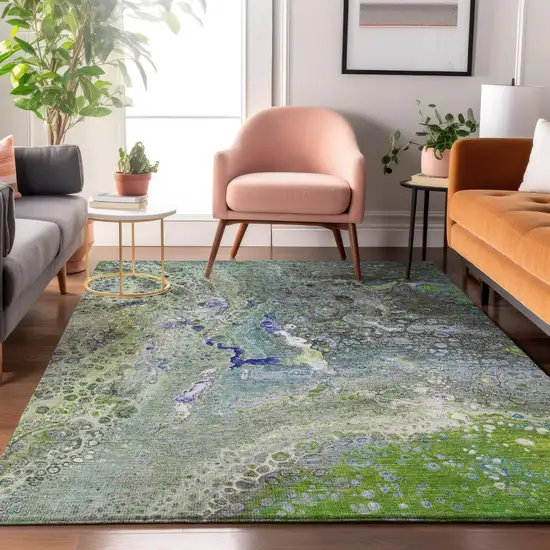 Green Blue And Ivory Abstract Washable Area Rug With UV Protection Photo 3