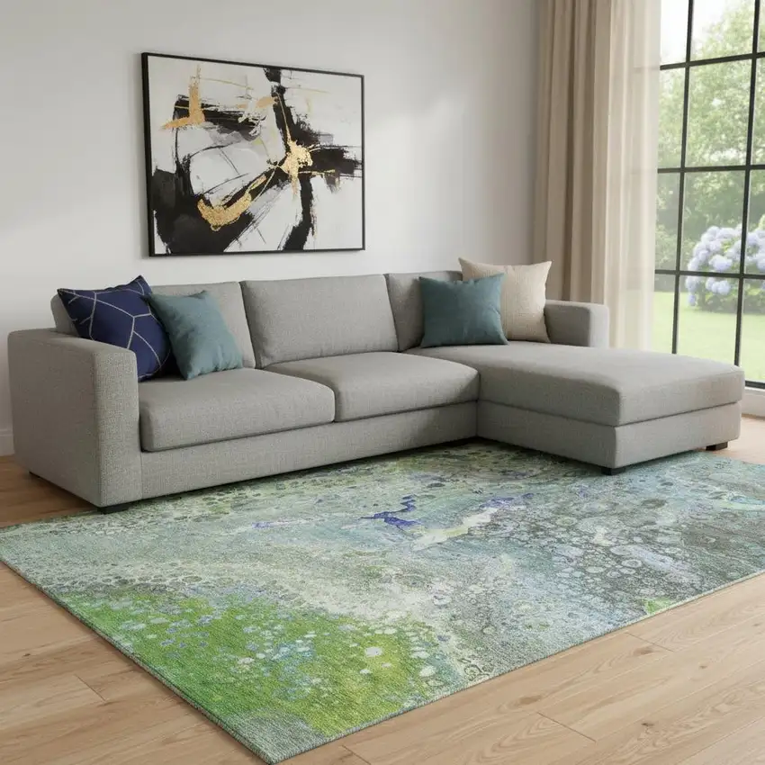 Green Blue And Ivory Abstract Washable Area Rug With UV Protection Photo 1