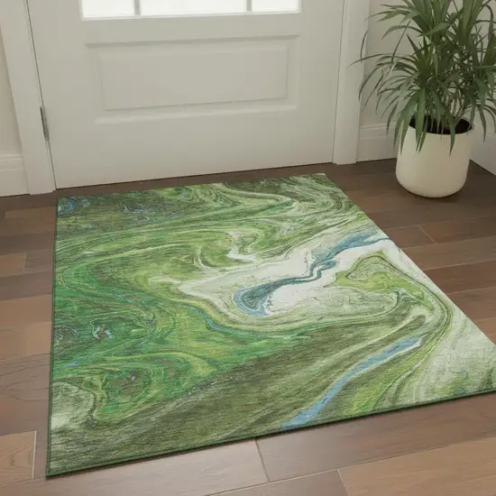 Green Blue And Ivory Abstract Washable Area Rug With UV Protection Photo 2