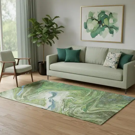 Green Blue And Ivory Abstract Washable Area Rug With UV Protection Photo 2