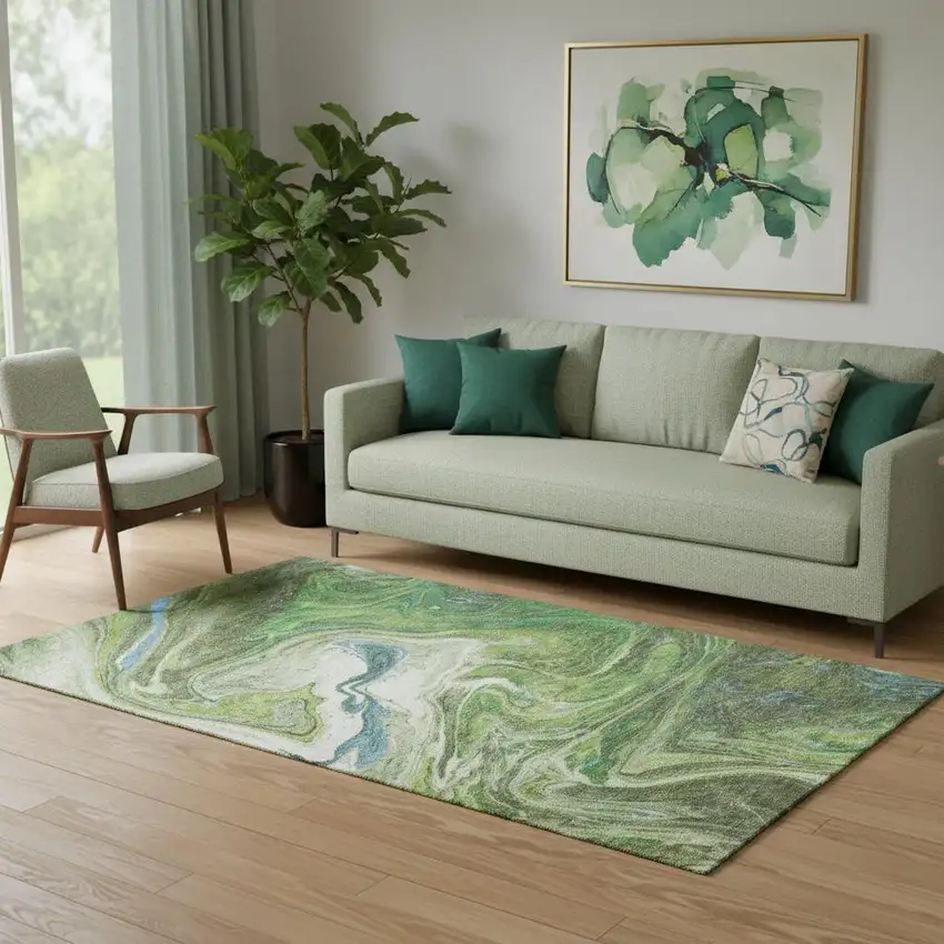 Green Blue And Ivory Abstract Washable Area Rug With UV Protection Photo 2
