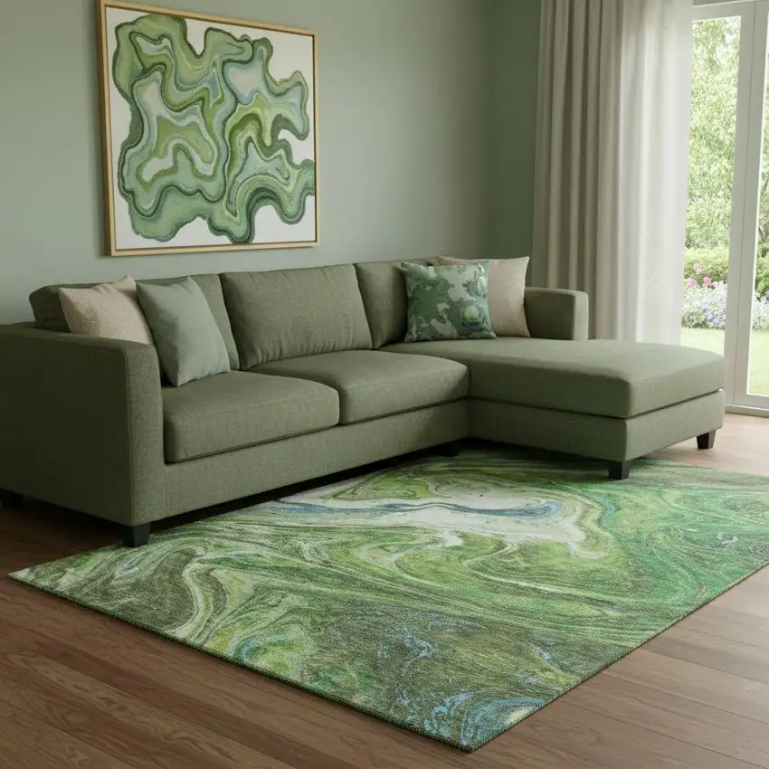 Green Blue And Ivory Abstract Washable Area Rug With UV Protection Photo 2