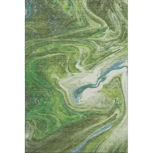 Photo of Green Blue And Ivory Abstract Washable Area Rug With UV Protection