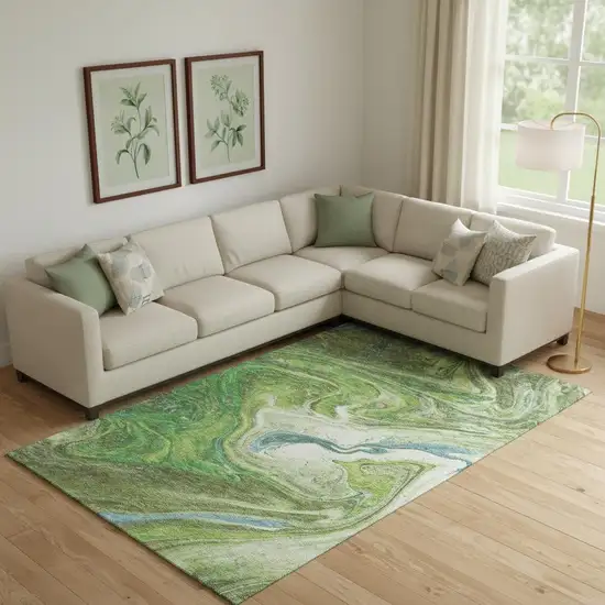 Green Blue And Ivory Abstract Washable Area Rug With UV Protection Photo 2