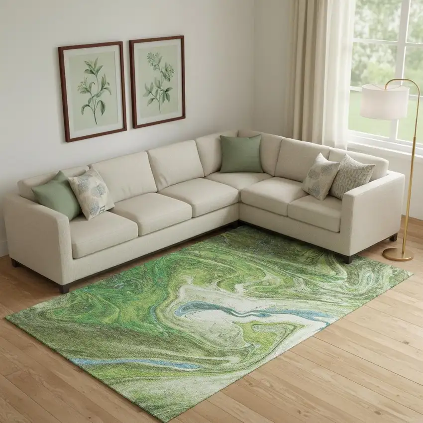 Green Blue And Ivory Abstract Washable Area Rug With UV Protection Photo 2