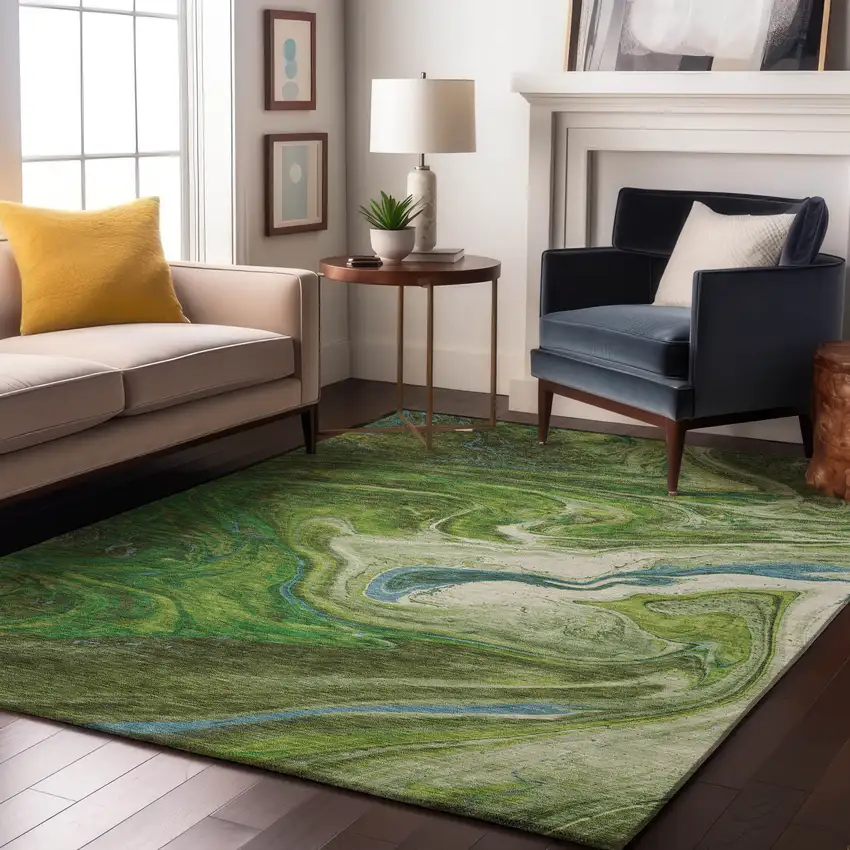 Green Blue And Ivory Abstract Washable Area Rug With UV Protection Photo 4