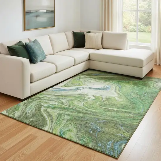 Green Blue And Ivory Abstract Washable Area Rug With UV Protection Photo 2