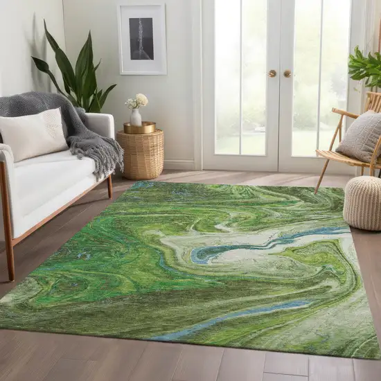 Green Blue And Ivory Abstract Washable Area Rug With UV Protection Photo 5