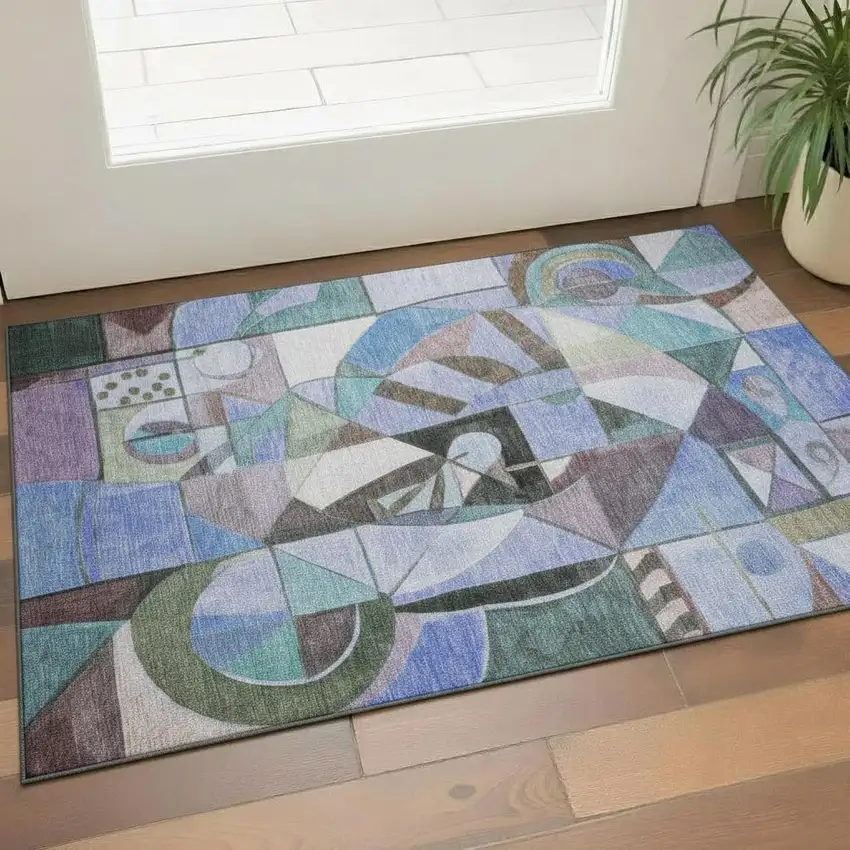 Green Blue And Ivory Abstract Washable Area Rug With UV Protection Photo 2