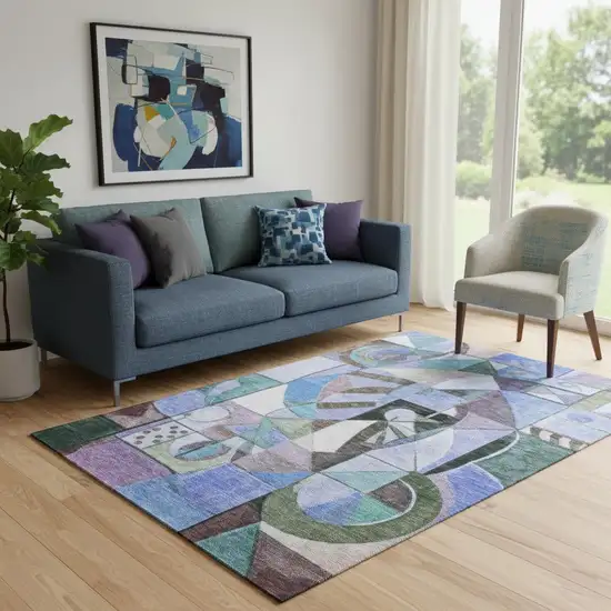 Green Blue And Ivory Abstract Washable Area Rug With UV Protection Photo 2