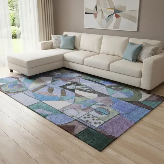 Green Blue And Ivory Abstract Washable Area Rug With UV Protection Photo 2