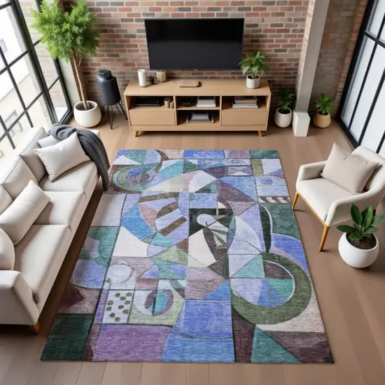 Green Blue And Ivory Abstract Washable Area Rug With UV Protection Photo 5