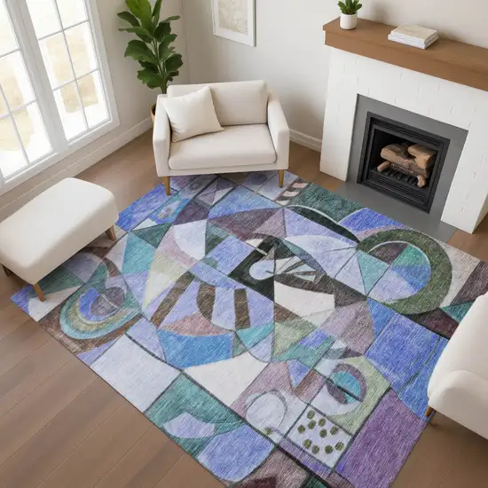 Green Blue And Ivory Abstract Washable Area Rug With UV Protection Photo 4