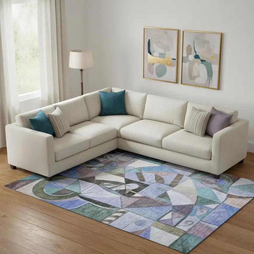 Green Blue And Ivory Abstract Washable Area Rug With UV Protection Photo 2