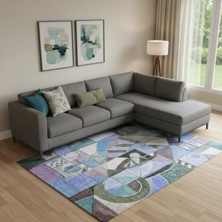 Green Blue And Ivory Abstract Washable Area Rug With UV Protection Photo 2