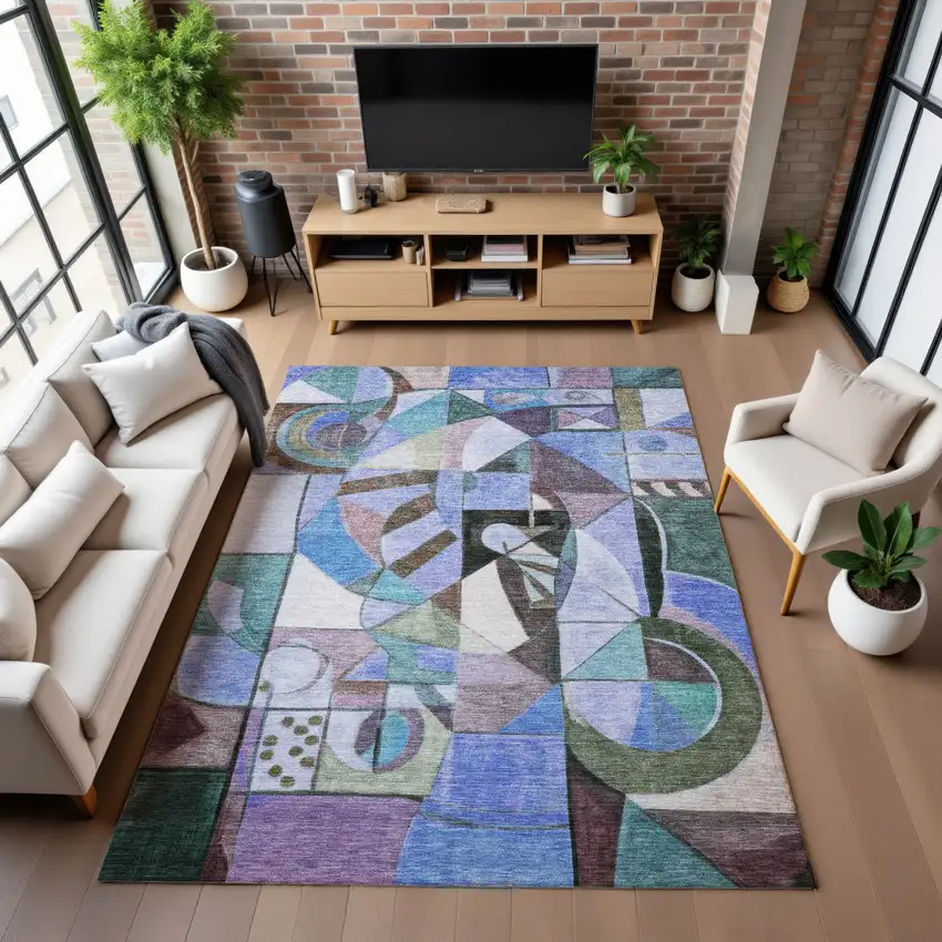 Green Blue And Ivory Abstract Washable Area Rug With UV Protection Photo 5