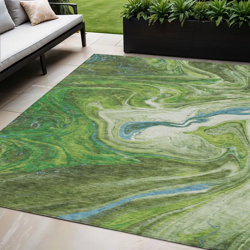 Green Blue And Ivory Abstract Washable Indoor Outdoor Area Rug Photo 1