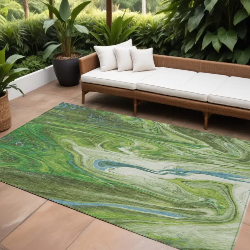 Green Blue And Ivory Abstract Washable Indoor Outdoor Area Rug Photo 1