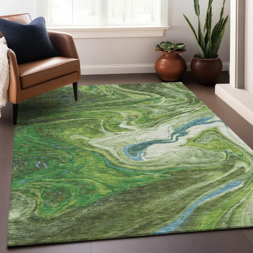 Green Blue And Ivory Abstract Washable Indoor Outdoor Area Rug Photo 9