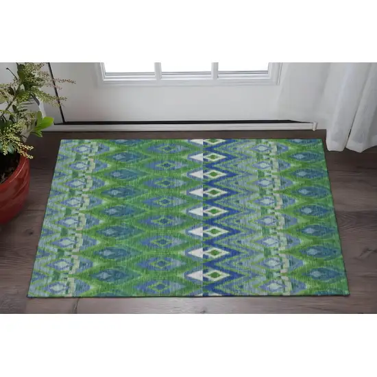 Green Blue And Ivory Southwestern Washable Area Rug With UV Protection Photo 2