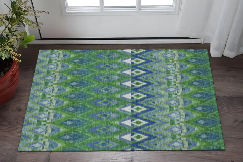 Green Blue And Ivory Southwestern Washable Area Rug With UV Protection Photo 2