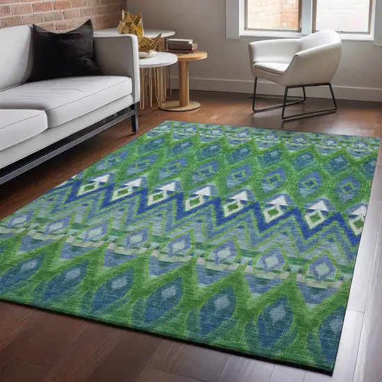 Green Blue And Ivory Southwestern Washable Area Rug With UV Protection Photo 5