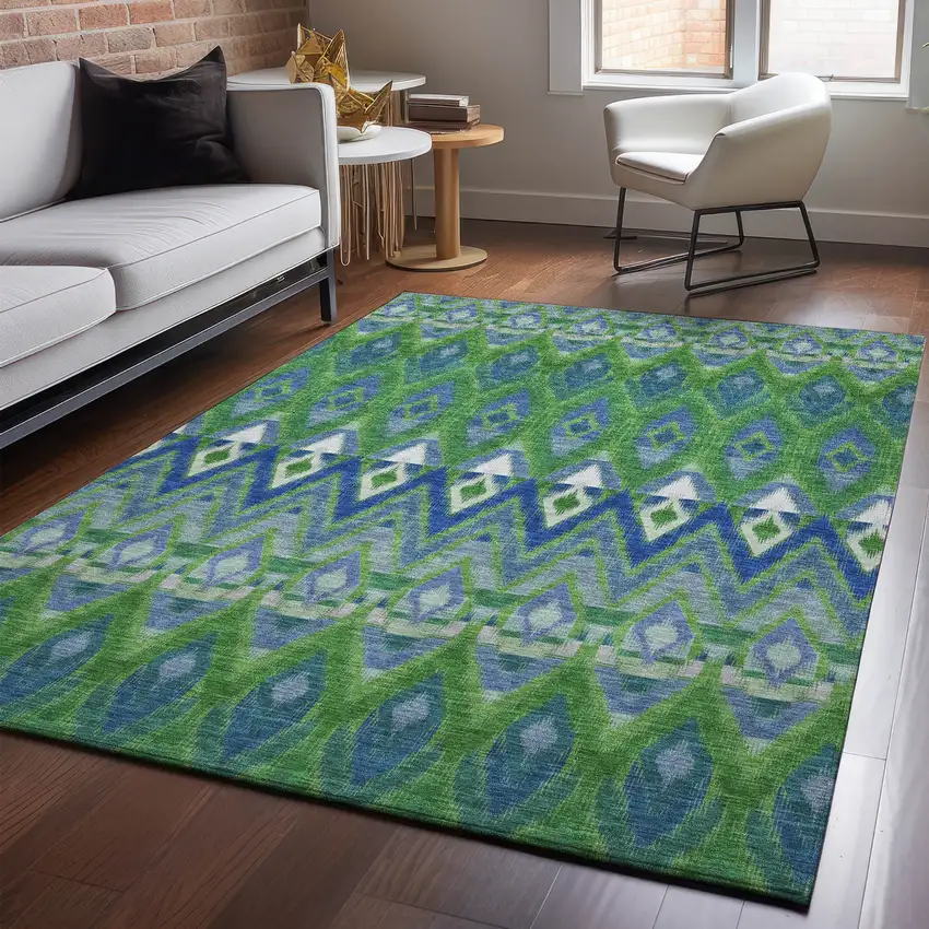 Green Blue And Ivory Southwestern Washable Area Rug With UV Protection Photo 5