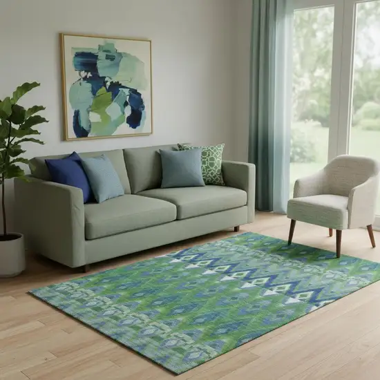 Green Blue And Ivory Southwestern Washable Area Rug With UV Protection Photo 1