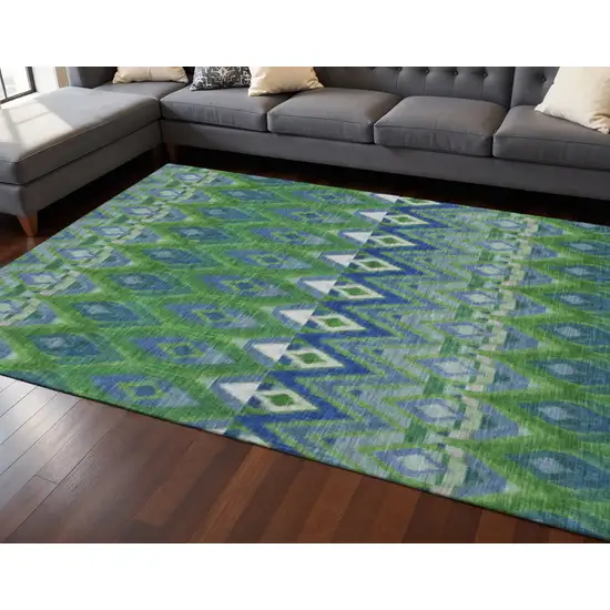 Green Blue And Ivory Southwestern Washable Area Rug With UV Protection Photo 2