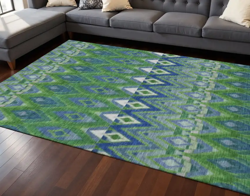 Green Blue And Ivory Southwestern Washable Area Rug With UV Protection Photo 2