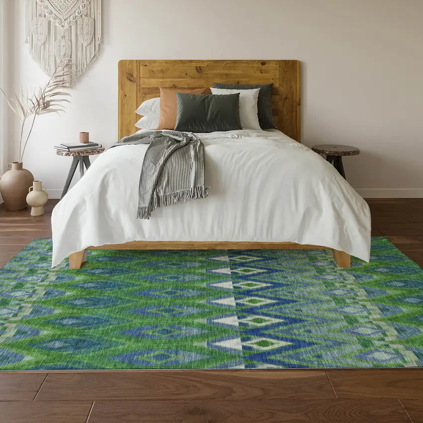 Green Blue And Ivory Southwestern Washable Area Rug With UV Protection Photo 6