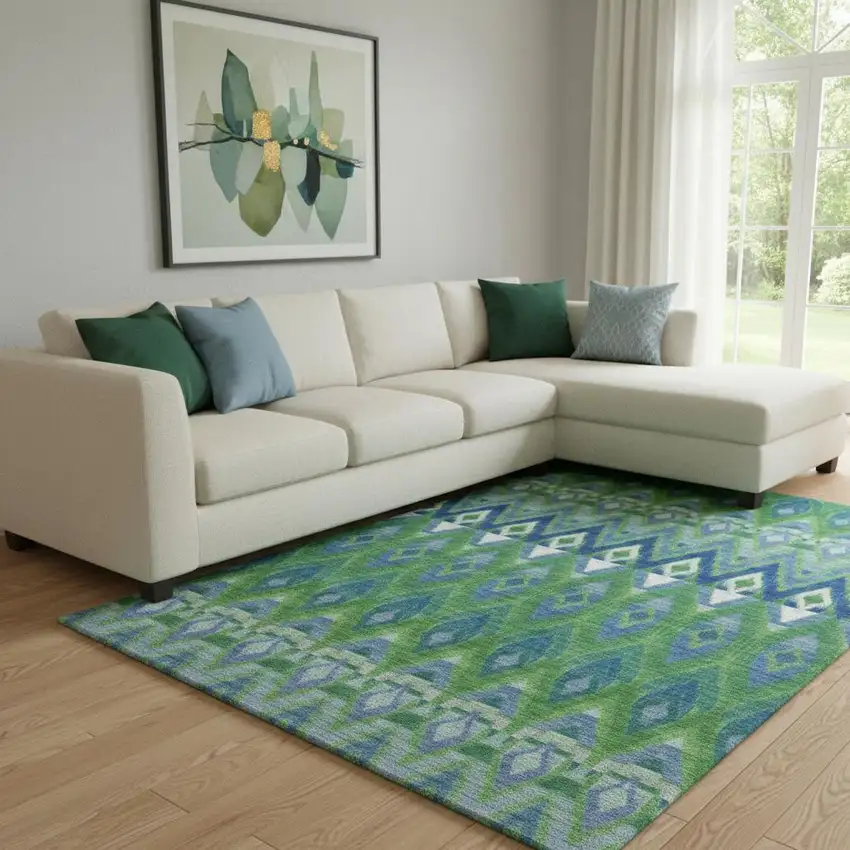 Green Blue And Ivory Southwestern Washable Area Rug With UV Protection Photo 1